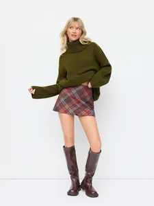 Cider Cotton-blend Plaid Zipper Mid Rise Mini Skirt