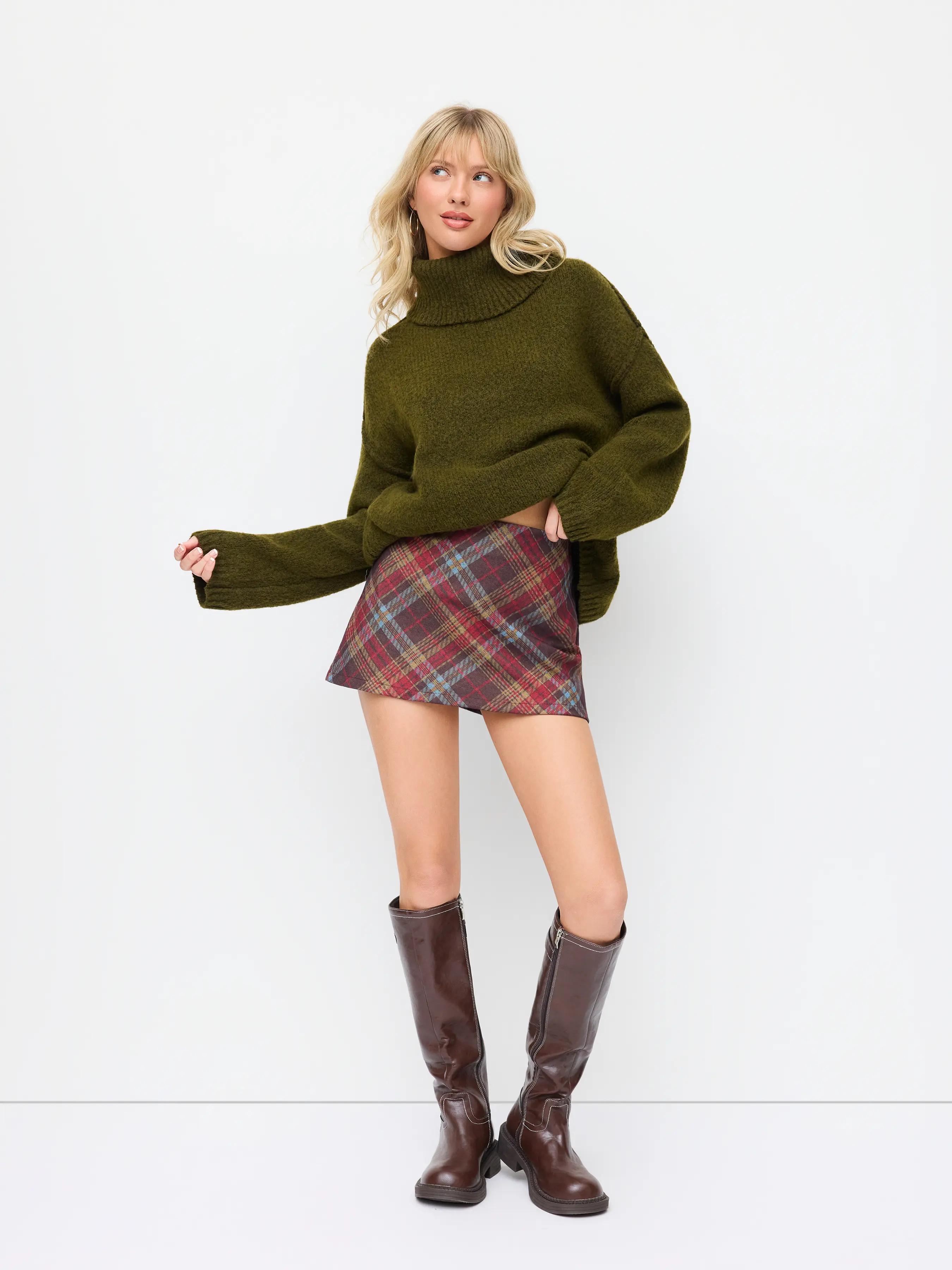 Cider Women's Bottoms - Cotton-Blend Plaid A-Line Cut Mini Length Zipper Mid-Rise Casual Fashionable Skirt, Short Skirt, Zippered Front
