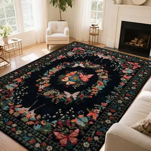 QULINT Black Butterfly Print Area Rug For Living Room, Soft Low Pile Area Rug, Non Slip Decorative Carpet For Bedroom, Washable Rugs, Home Decor, Ideal For High Traffic Areas, Gift For Mother's Day, Easter, Housewarming non-shedding boho large carpet rug