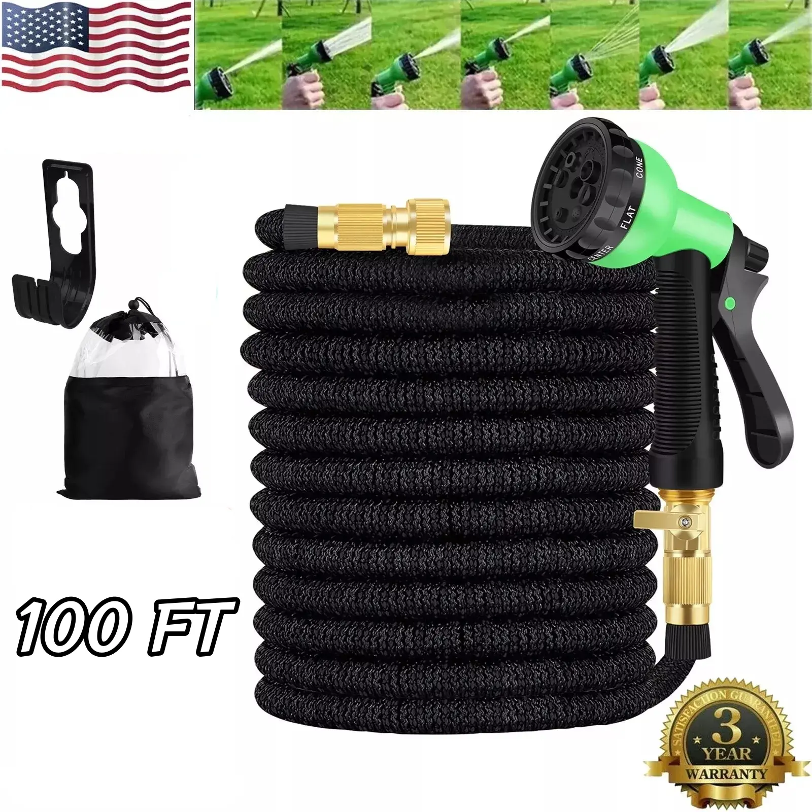Hose Expandable Garden Hose with 8 Function Nozzle, 100FT - Lightweight Retractable Garden Hose, Water Hose - No-Kink Flexibility, 3/4 Inch Solid Brass Fittings and Double Latex Core