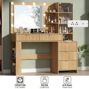 Fluted Makeup Vanity Desk with Mirror and LED Lights, Vanity Table with Power Outlet and Glass Top, Dressing Table with 5 Drawers, Adjustable Shelves, Glass Door for Women