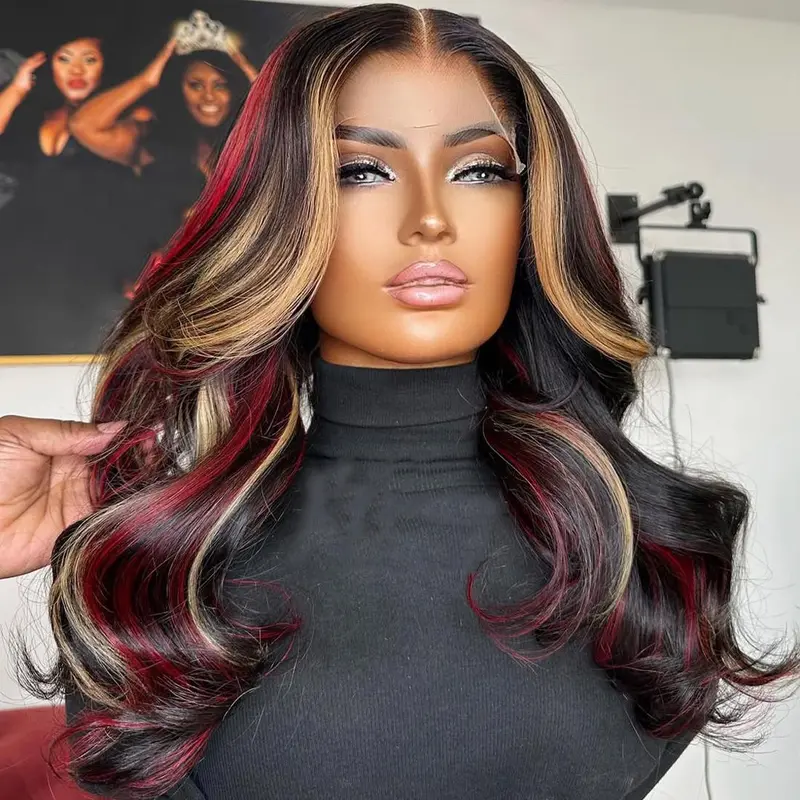 Cherry Red With Blonde and Black Colored Body Wave Brazilian Higlights Red Color Human Hair Wig For Women Pre-Plucked 13x4 Lace Front Wig 180 Density