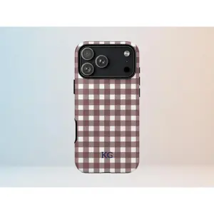 Brown Gingham Phone Case with Custom Initials -  iPhone17/16/15/14/13/12/11 pro max plus Espresso Brown  Case,Tough Case
