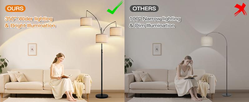 Hoodink Dimmable Floor Lamp - 3 Lights Arc Floor Lamps for Living Room, 1000LM Modern Tall Standing Lamp With Beige Shades & Heavy Base, Mid Century Tree Floor Lamp for Bedroom Office, 3 LED Bulbs Included