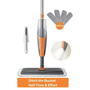 Spray Mop for Multi-Surface Heavy-Duty Cleaning with 4 Washable Microfiber Pads,Refillable Bottle,Functional Scraper,360°Rotating Head,One-Handed Operation,Wet/Dry Use,Rust-proof Aluminum Pole