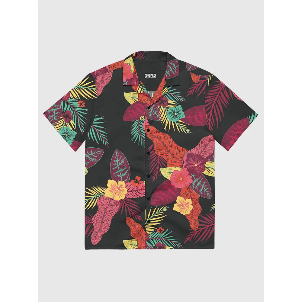 Netflix One Piece Graphic Button Up Shirt – Sea Pattern & Luffy Designs, Navy Casual Fan Apparel
