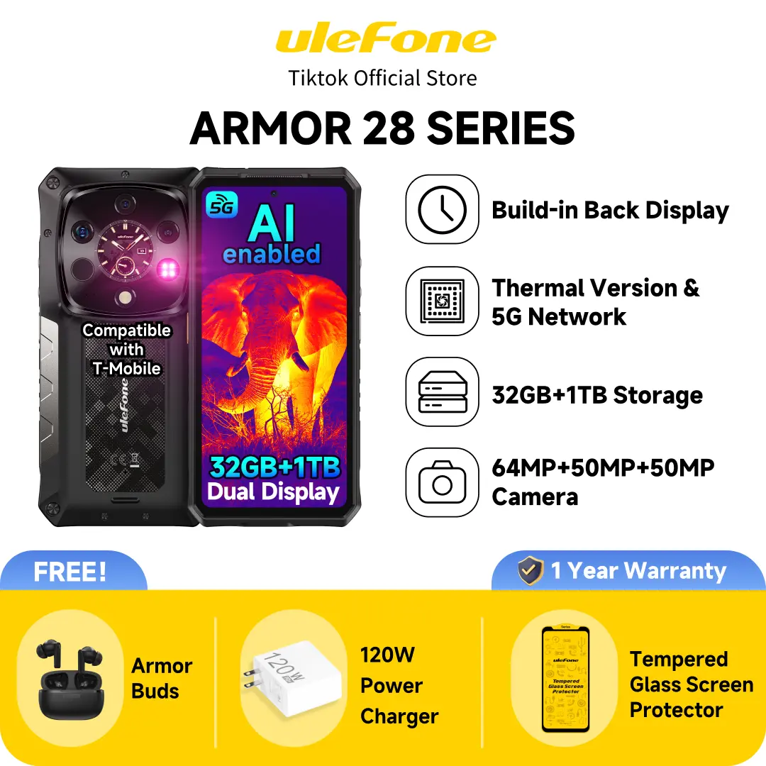 Ulefone Armor 28 Ultra Thermal Version/Armor 28 Pro, 5G AI Rugged Phone, 32GB+1TB/2TB Expansion, Dimensity 9300+, 6.67" AMOLED Dual Screen, 64MP+50MP+50MP, 10600mAh/120W, 50W QI, 8K Video, Widevine L1, Android 15,Compatible with T-mobile