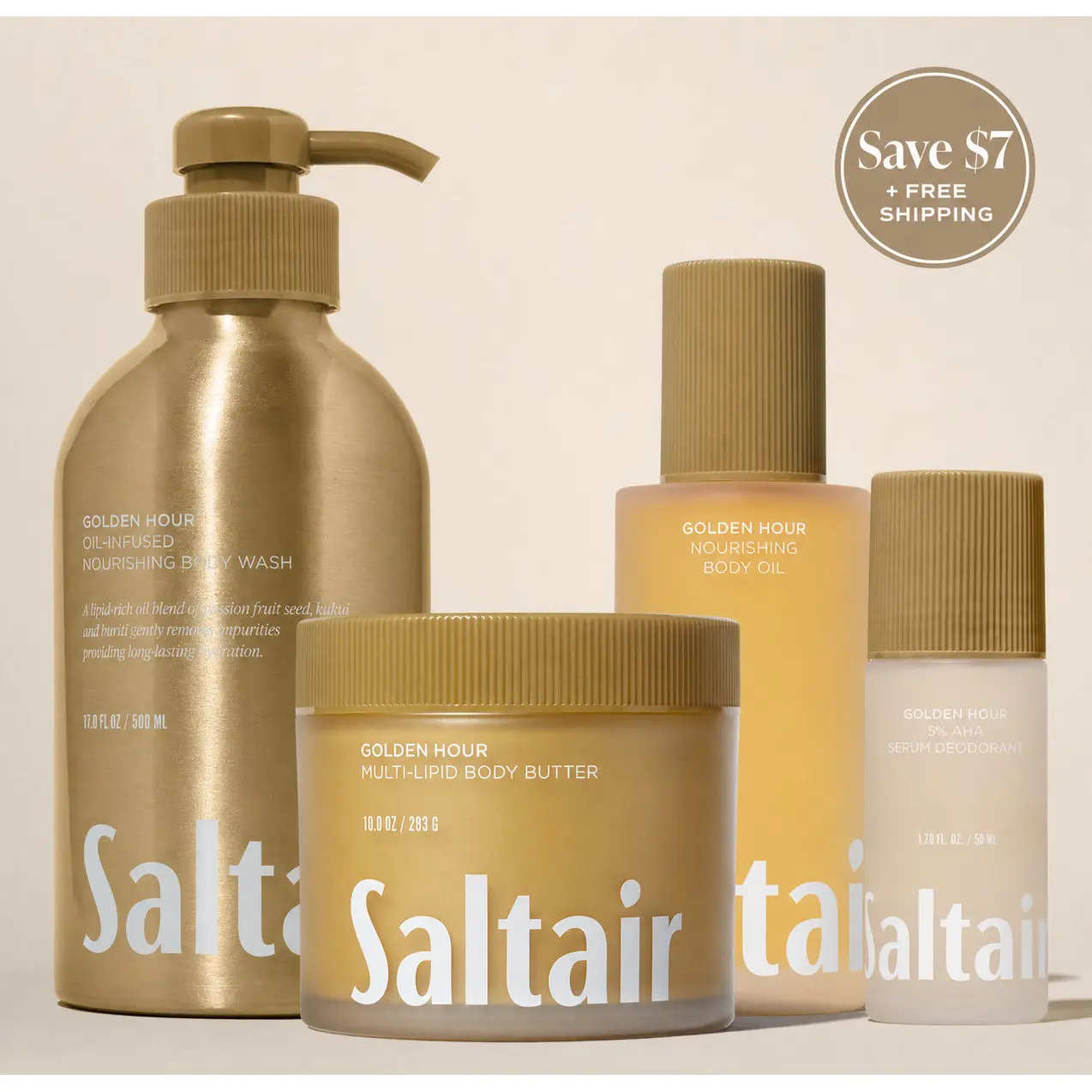 Saltair Golden Hour Bodycare Vault Set - Serum Body Wash (17 fl oz), Serum Deodorant (1.7 fl oz), Nourishing Body Oil (4 fl oz) & Multi-Lipid Body Butter (10 oz) Bundle for Soft, Glowing Skin -  Radiant Sunflower, Juicy Pineapple, Fresh Coconut