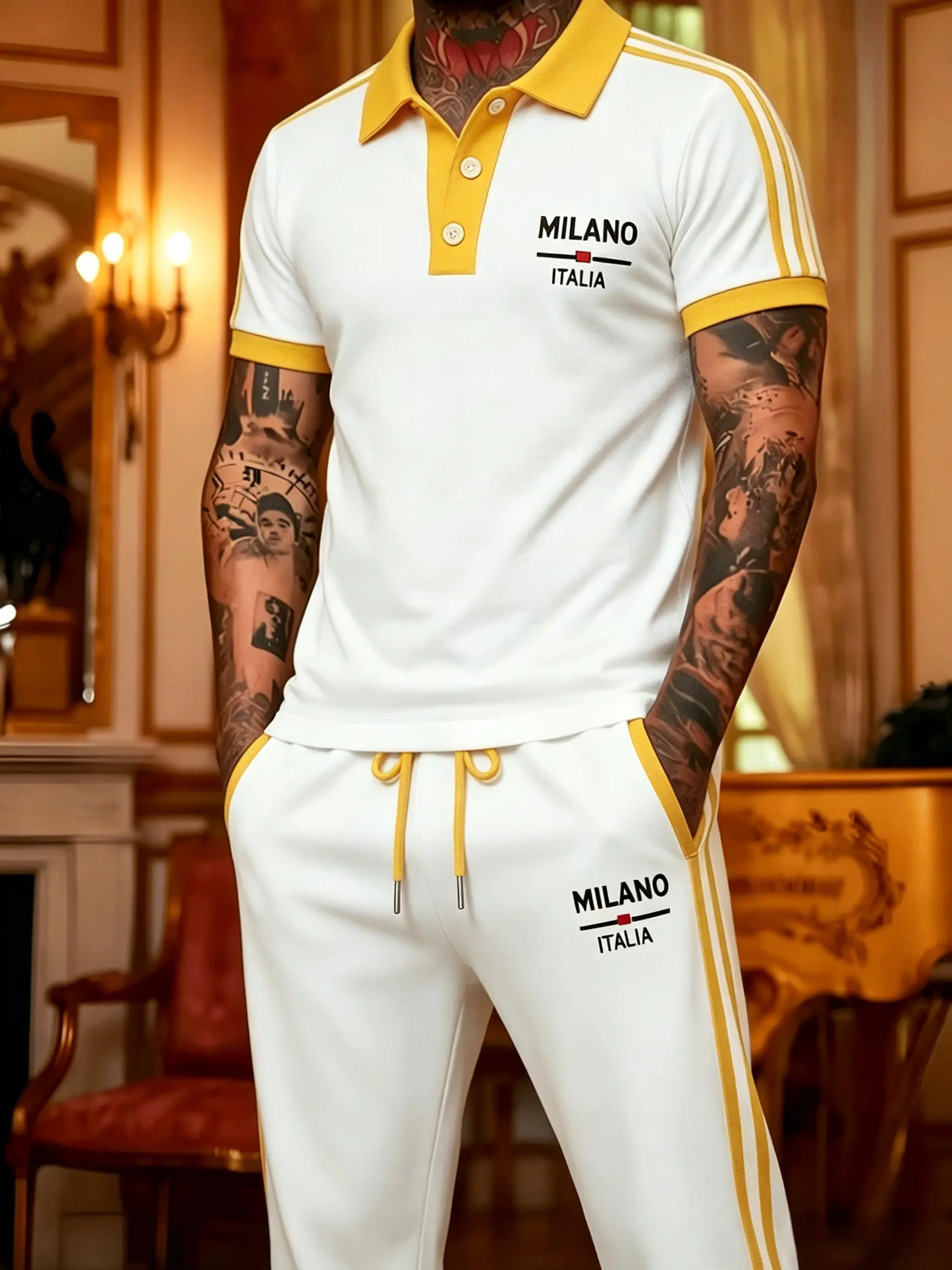 Men's 2-Piece Stylish Milan Italian Pattern Outfit - Casual Sports Top & Pants Set, for Golf & Fitness, Striped All-Season Menswear Clothing Set