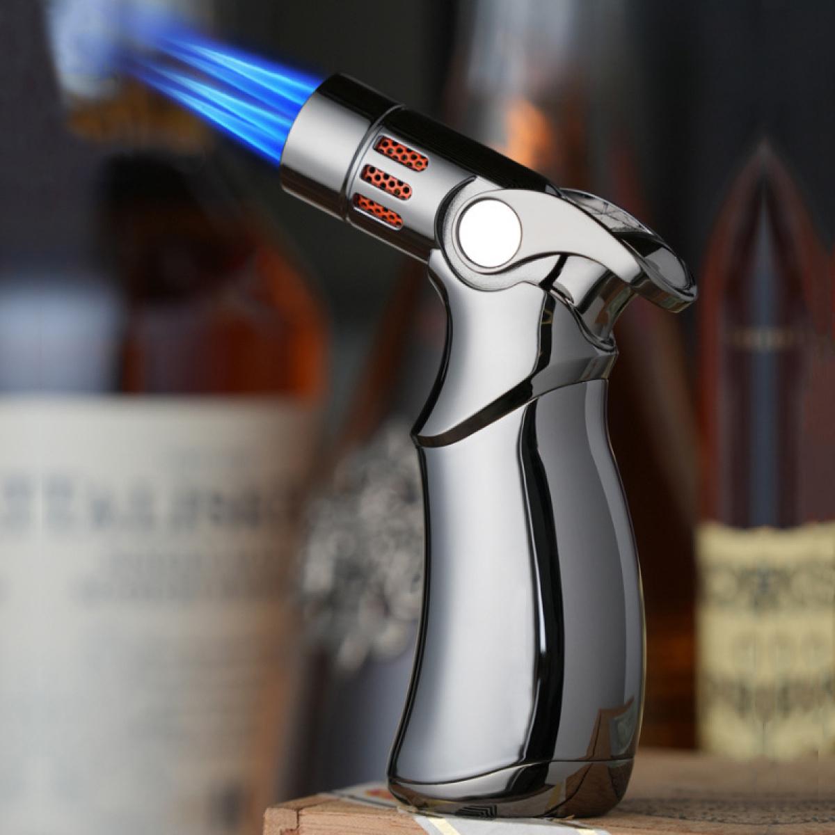 Multi-Color Luxury Metal Windproof Torch Lighter, 4 Jet Flame Refillable Butane Lighter with One-Hand Ignition, Portable Pocket Size for BBQ Camping Candle Daily Use, Available in Gold Silver Blue Black, Ideal Gift for Men (Butane Fuel Not Included)