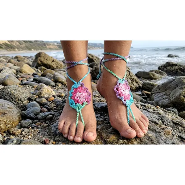 Variegated 'Berry Aqua Bloom' Cotton Crochet Barefoot Sandals