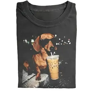 Funny Dachshund Drinking Iced Coffee Vintage T-shirt Wiener Dog Owner Gift Retro Tshirt