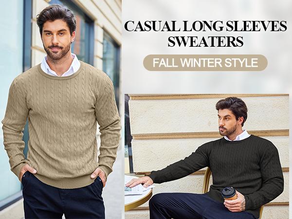 COOFANDY Men's Crewneck Knit Sweater Slim Fit Lightweight Casual Twist Patterned Cable Knitted Pullover