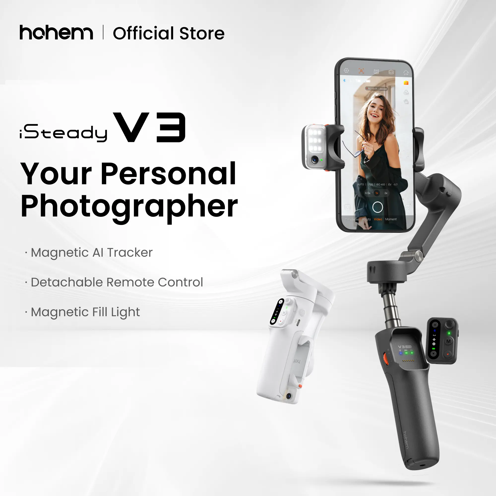 【DealsForYouDays】Hohem iSteady V3 3-Axis Smartphone Gimbal Stabilizer with Magnetic AI Tracker, Built-in Extendable Selfie Stick & Tripod, Detachable Remote Controller, Wheel, Storage, Recording for Travel, Vlog
