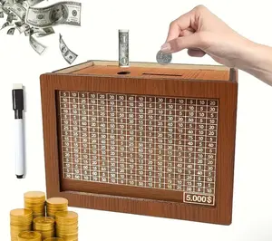 Wooden Money Storage Jar Money Bank - Countdown Savings Box with 10000 Dollars Target Piggy Bank for Kids & Adults 10000 Savings Challenge Coin Bank Box