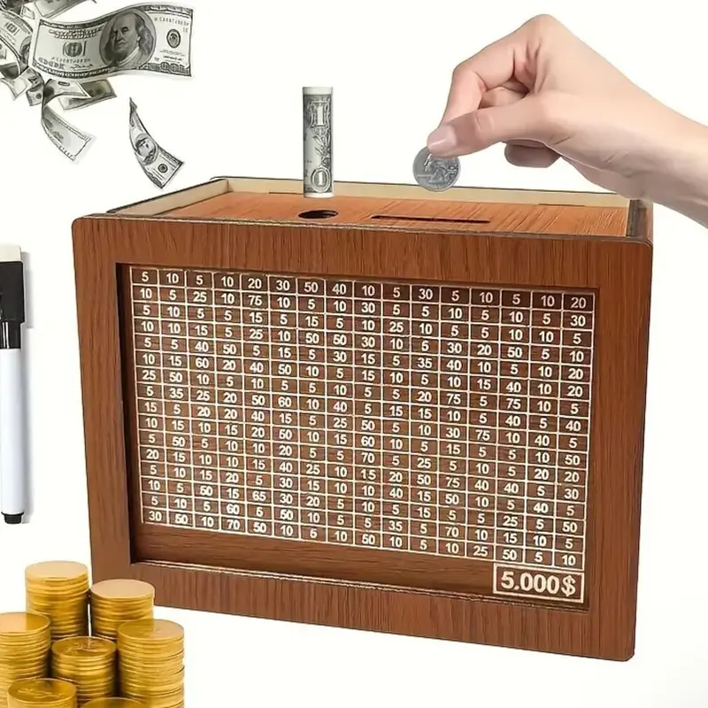 Wooden Money Storage Jar Money Bank - Countdown Savings Box with 10000 Dollars Target Piggy Bank for Kids & Adults 10000 Savings Challenge Coin Bank Box
