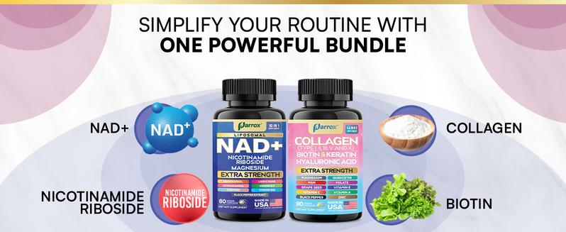 Forever Young Set - PARROX NAD+ & Collagen Healthcare & Dietary Supplement Combo for Extra Skin Aging Support, Hair Health, & Overall Wellness - Made in USA