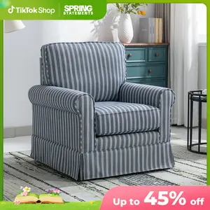 [SpringStatements] Ebello Mid Century Modern Linen Swivel Chair, Comfortable Barrel Reading Chair for Living Room, Bedroom, Small Spaces - Blue Stripe