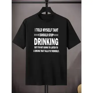 Men's Casual Stretch-Fit Short Sleeve T-Shirt with Humorous 'I Told Myself I Should Stop Drinking' Print - Breathable  Blend,  Round Neck