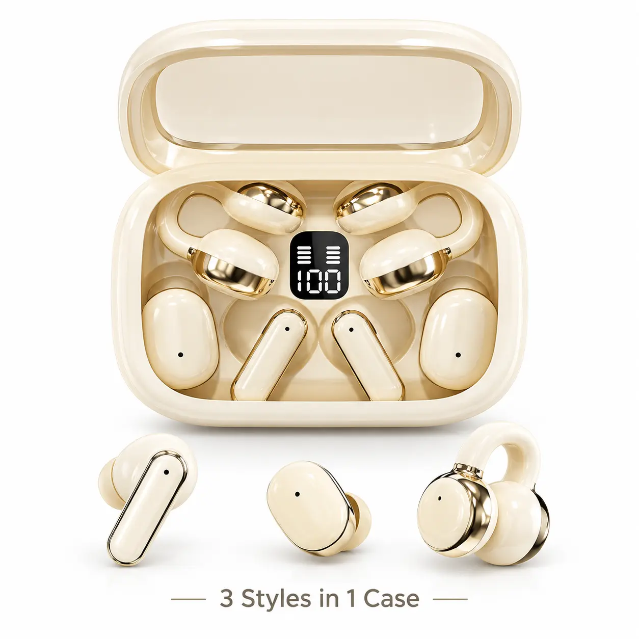 【6 Pairs of Headphones】3-in-1 Bluetooth 6.0 Wireless Earbuds with Portable Charging Case, Clip-On Open-Ear, In-Ear & Sleep Earbuds, Noise Reduction, Hi-Fi Stereo Sound, Comfortable Fit for Workouts, Travel, and Sleep, Compatible with iPhone and Android