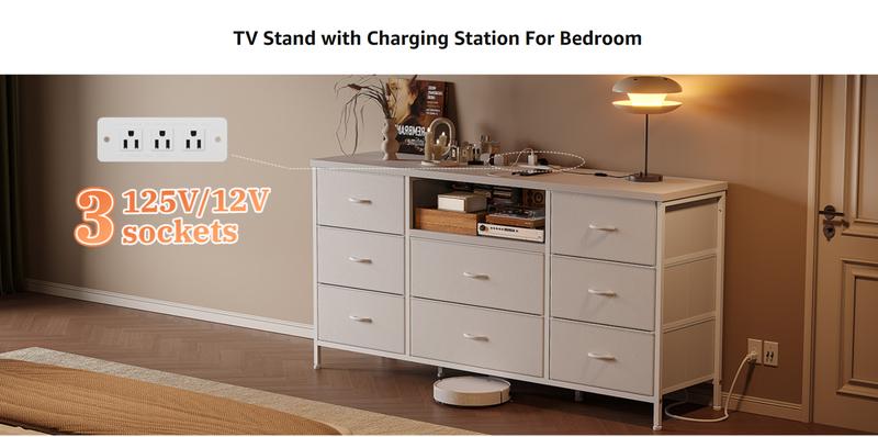 RaybeeFurniture TV Stand with Power Outlet Entertainment Center with 8 Fabric Deep Drawers Media Console Table for 55" TV Wide Storage Drawer Dresser for Bedroom, Living Room, Entryway