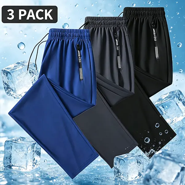 3-Pack Men’s Quick-Dry Straight-Leg Casual Pants, Ice Silk Pants, Elastic Waist Drawstring Sports Pants — Simple and Comfortable, a top choice for summer outings, sports, and jogging