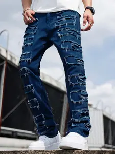 New Men's Micro Straight Slim Fit Patch Tassel Jeans Multicolor Slim High Street Jeans Men's Ripped Zipper Skinny Jeans