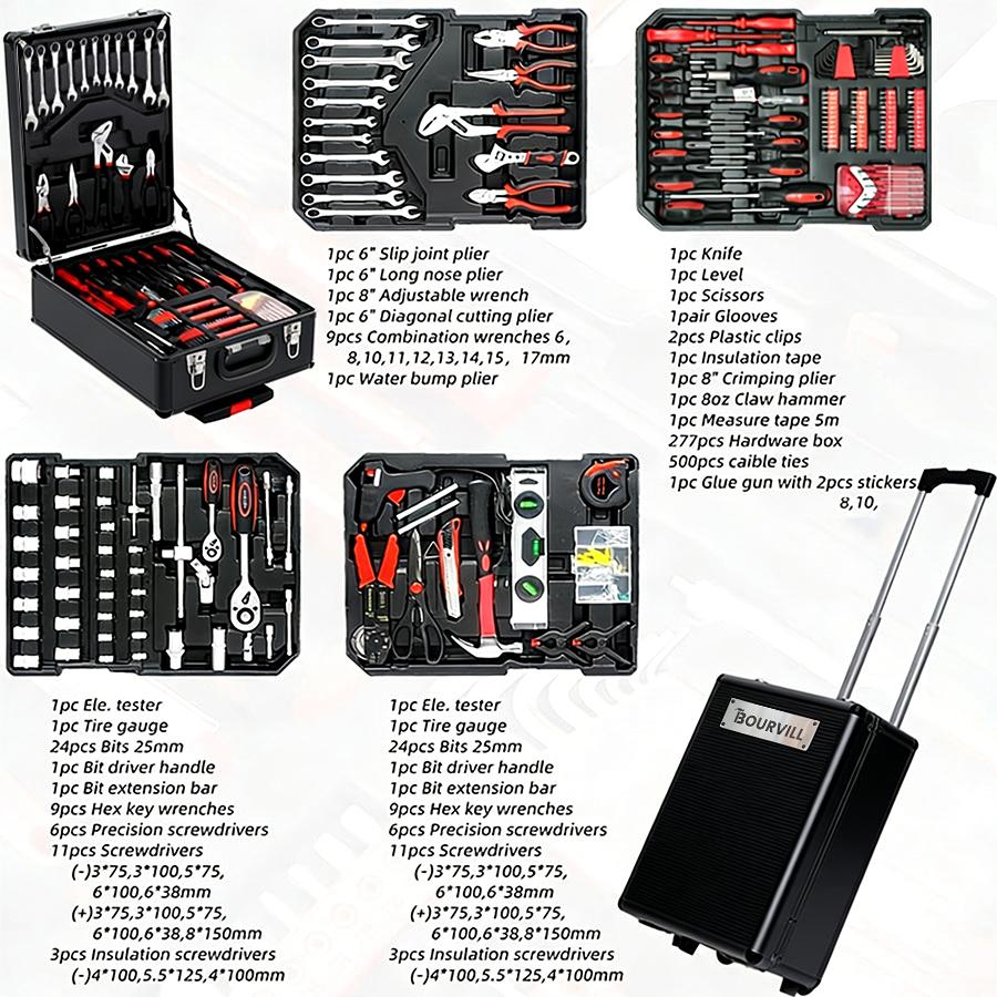 Bourvill 899-Piece Tool Set - High-Capacity Portable Metal Tool Case,Wheeled Mobile Tool Cabinet, and 4-Tier Aluminum Alloy Storage Unit- A Complete Kit for Mechanical Repair & Home Maintenance - ThePerfect Father's Day Gift #fathersdaygift Bourvill 899-Piece Tool Set - High-Capacity Portable Metal Tool Case,Wheeled Mobile Tool Cabinet, and 4-Tier Aluminum Alloy Storage Unit- A Complete Kit for Mechanical Repair & Home Maintenance - ThePerfect Father's Day Gift #fathersdaygift