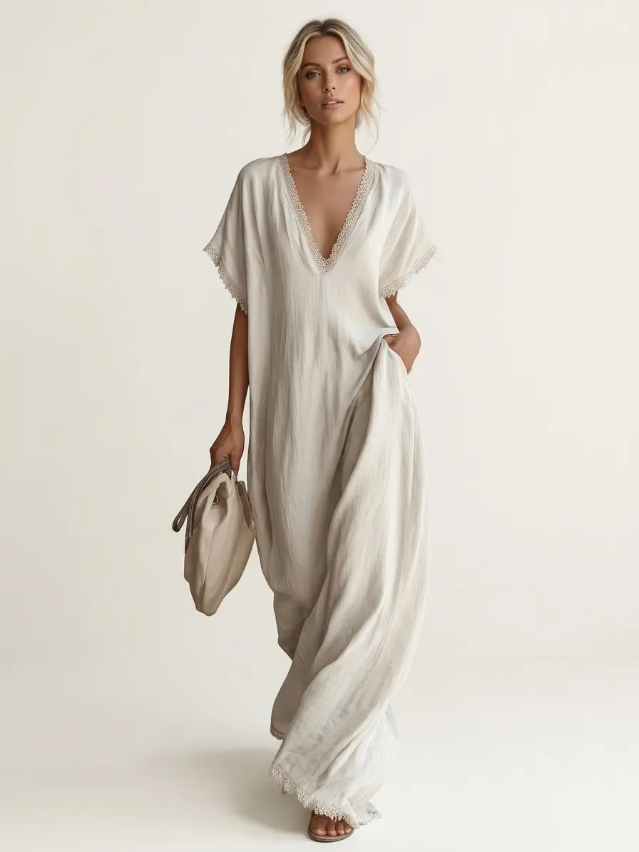 Women's Breathable Linen Cotton Loose Beach Casual Maxi Dress - Chic Oversized Kaftan, Short Sleeves, V-Neck with Lace Trim, Pockets, Comfortable, Elegant, Minimalist Fit Piece
