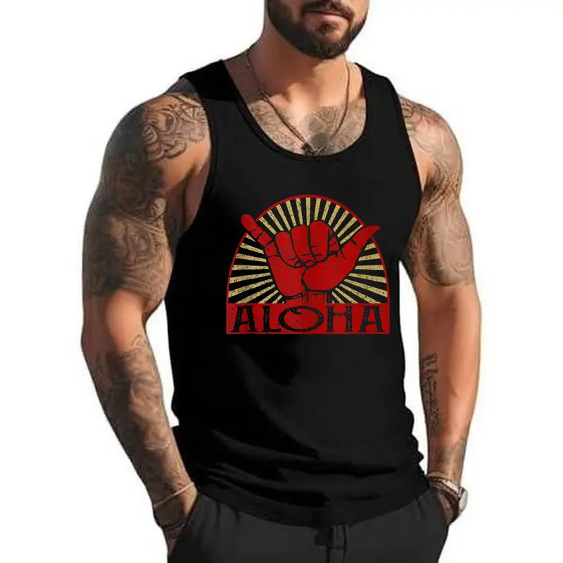 Style A 706 Aloha Hawaiian Hawaii Vintage Distressed Shaka Surfer Tank Top , Summer Gym Muscle Sleeveless, Casual Knitted Slim Fit Beach Tank top Fabric Menswear