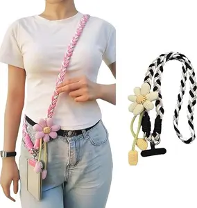 Flower Braided Phone Lanyard Crossbody Strap for Women Universal Adjustable Smartphone Wristband Lanyard with Patch for Bags Camera ID Cards Cellphone Detachable and Portable