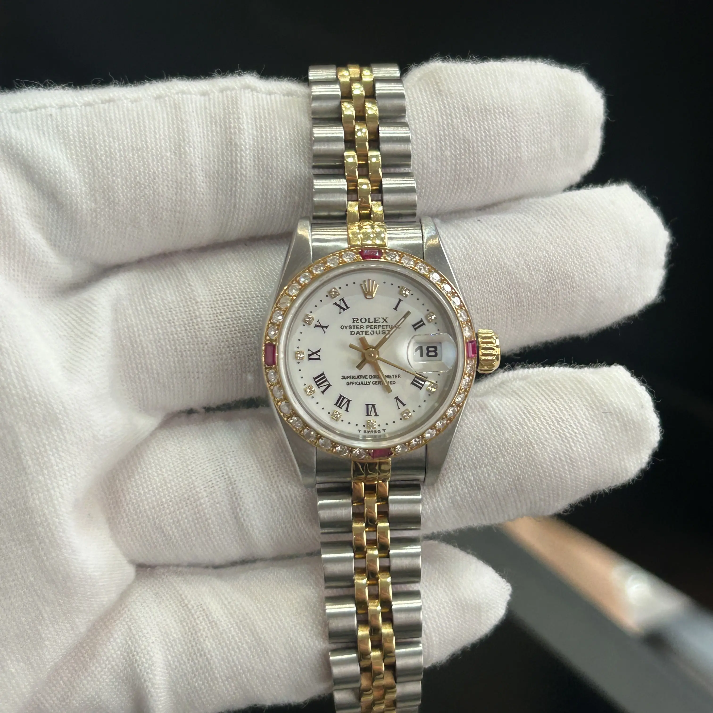 Rolex Datejust 26mm 69173 Automatic Two-Tone Custom Diamond and Ruby Bezel White Dial Ladies Watch WHP042757