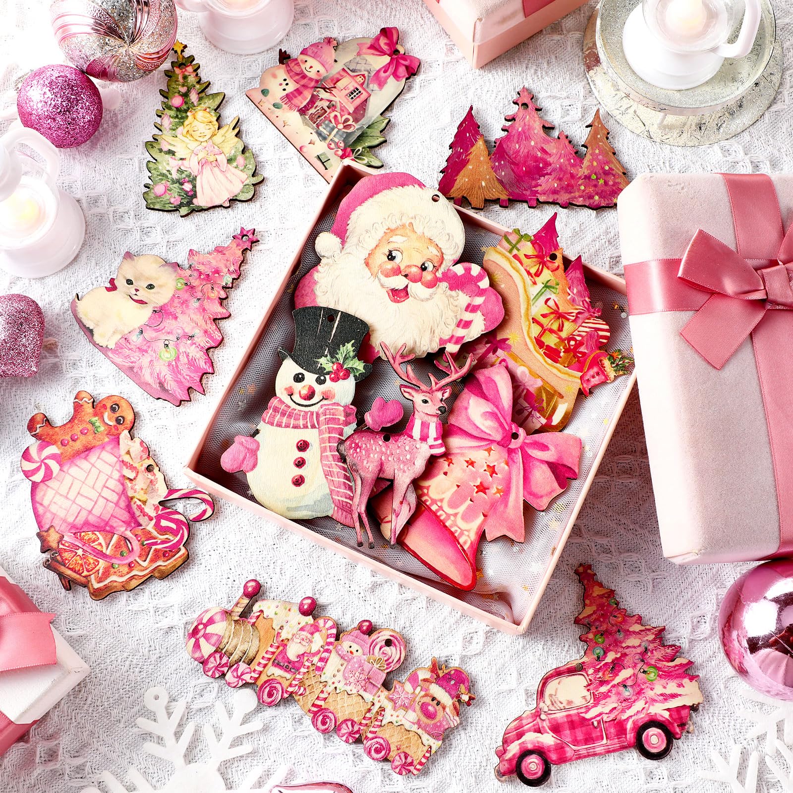 Christmas Clearance Sale 36 Pcs Christmas Ornaments Set Cute Pink Christmas Santa Claus Snowman Design Wooden Hanging Ornaments Christmas Decorations for Xmas Tree Holiday Party Home Decor Winter Crafts Supplies Christmas Gift Pink Girly Aesthetic