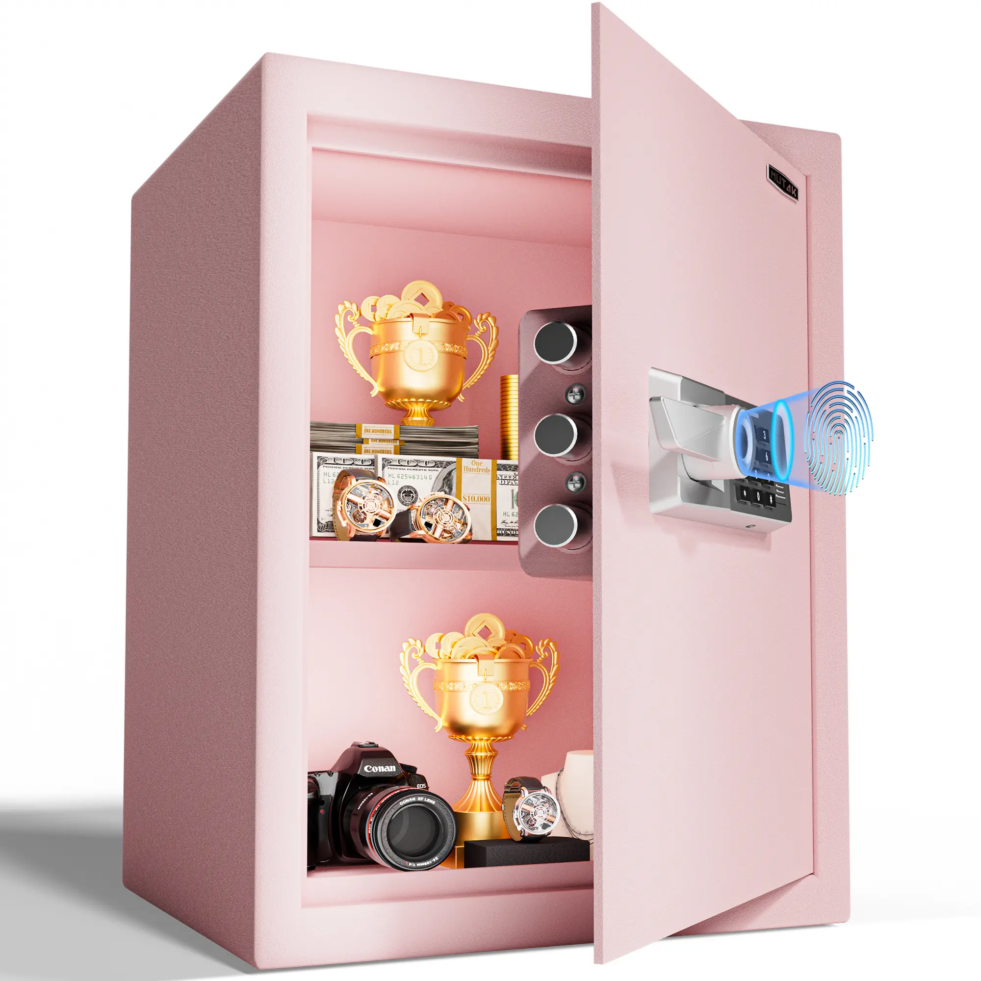 #SummerVibes Mutak 2026 Father's Day Gifts 1.0-2.0 Pink Luxury Safe Quick Access Fireproof Safe with Fingerprint Keypad & Alarm 16 Gauge Alloy Steel 0.1S Recognition 4 Methods Adjustable Shelf LED Light Anti-Theft Design