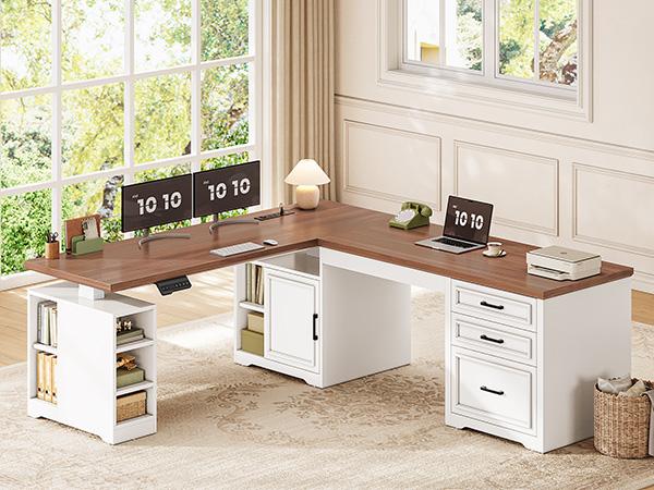 Sedeta 63 Inch L Shaped Electric Standing Desk Height Adjustable Computer Desk with Drawers Shelves Power Outlet Tiltable Tabletop Wood Workstation