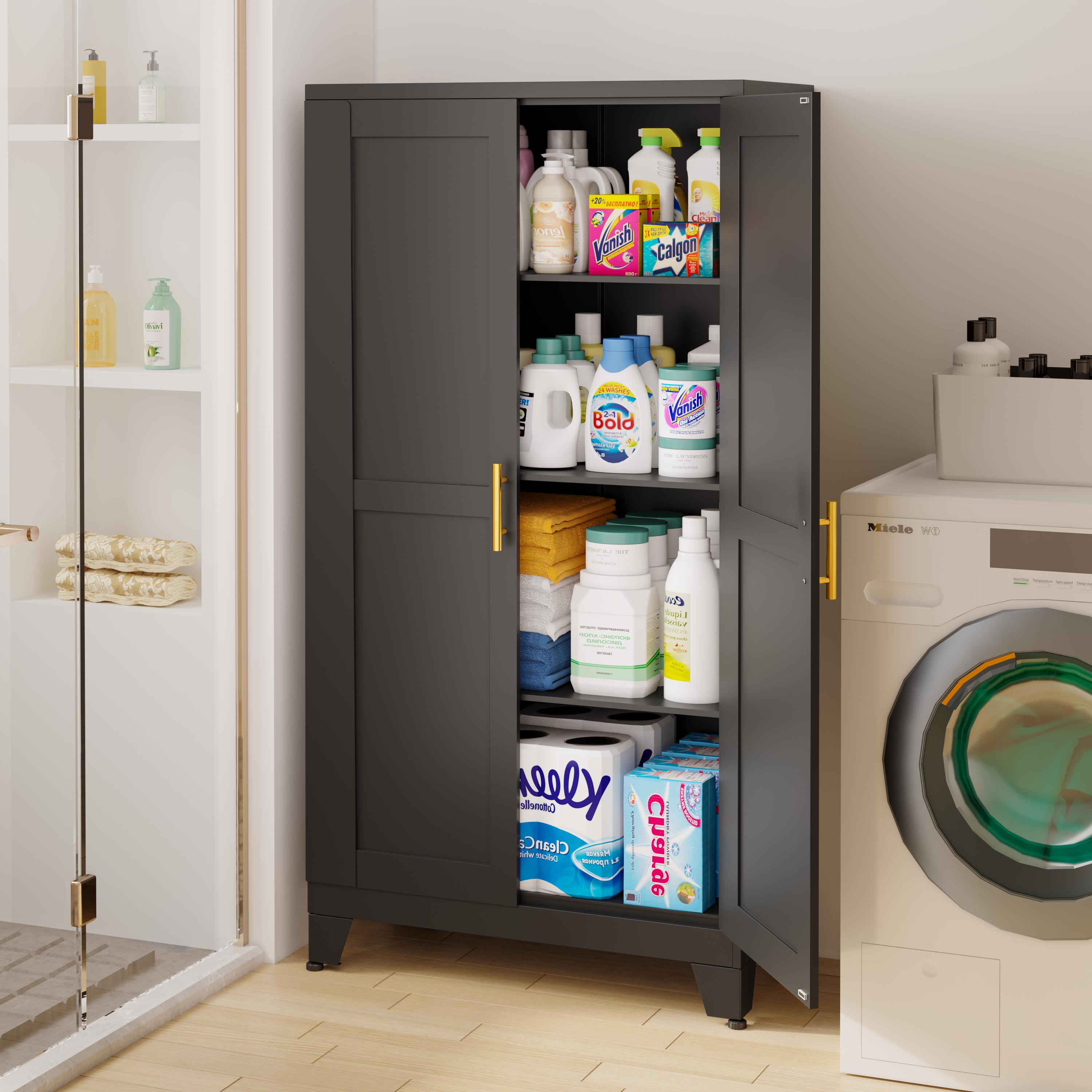 Metal Pantry Cabinet 61" with 2 Doors and Adjustable Shelves Kitchen Storage Cabinet with Gold Handles - Versatile Storage for Kitchen, Bathroom, Dining Room, Utility Room Furniture Metal Pantry Cabinet 61" with 2 Doors and Adjustable Shelves Kitchen Storage Cabinet with Gold Handles - Versatile Storage for Kitchen, Bathroom, Dining Room, Utility Room Furniture