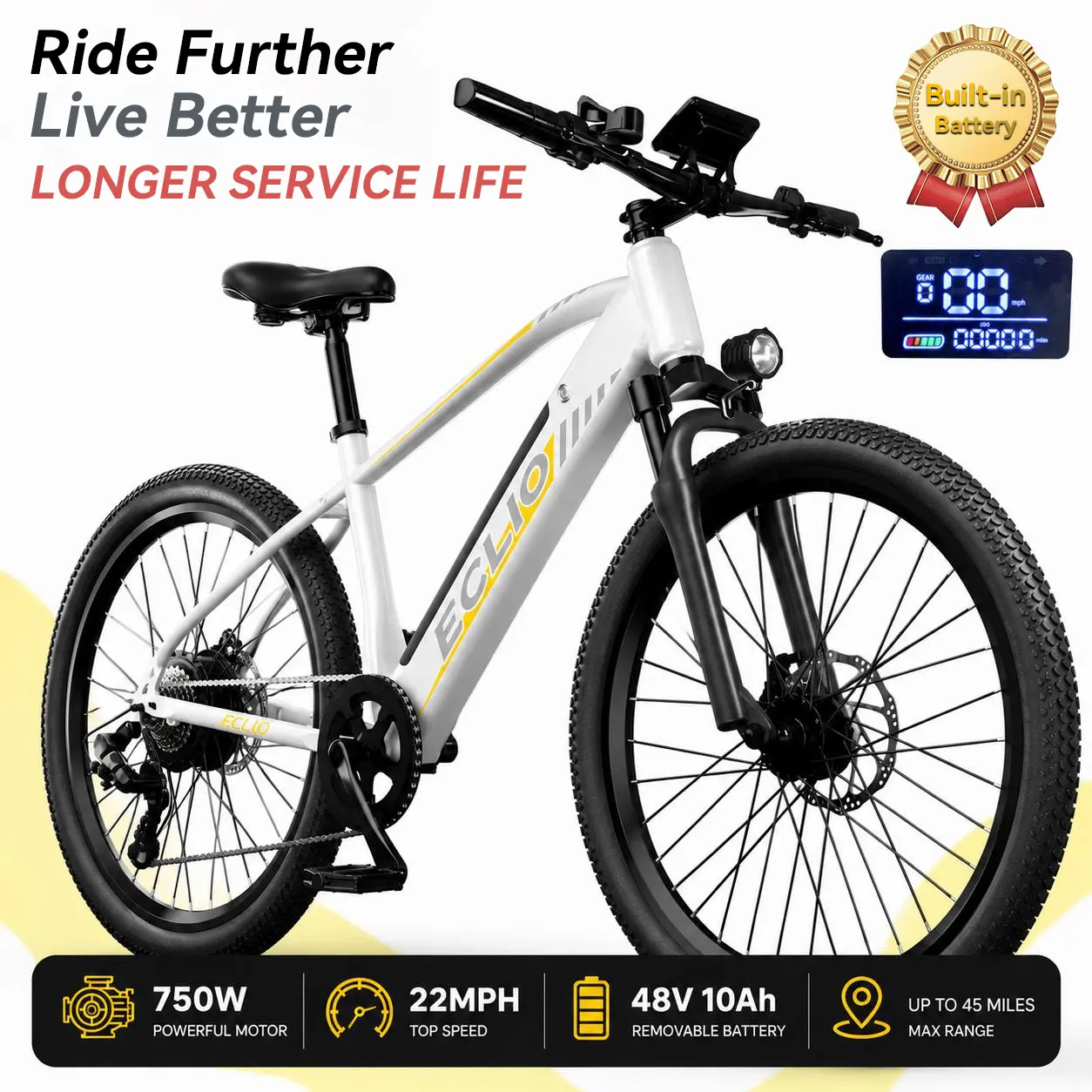 【Eclio】Electric Bike | Peak Power 750W | Full Suspension | Top Speed 22 MPH | Range 50-80 Miles | 48V 10Ah Removable Battery  | LED Headlights | 26-Inch All-Terrain Fat Tires | UL 2849 Certified