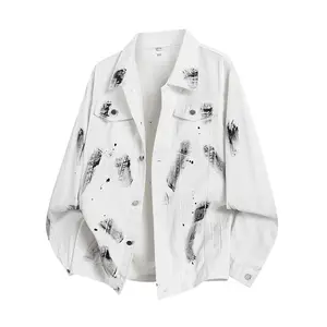 Men’s spring collared denim jacket, graffiti long-sleeve denim outerwear top, trendy streetwear design jacket, unisex high-street retro tie-dye splatter jacket top, new for autumn, comfortable breathable fabric, suitable for everyday wear.
