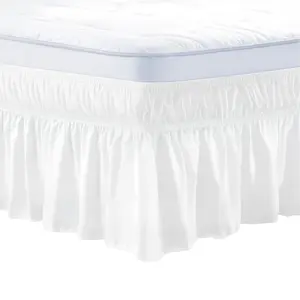 Wrap Around Bed Skirt, 15-In Drop, White Dust Ruffle For Queen Size Bed, Three-Sides Adjustable Bedskirt With Easy-Fit Elastic Strap, Wrinkle-Resistant & Fade-Resistant, Machine Washable