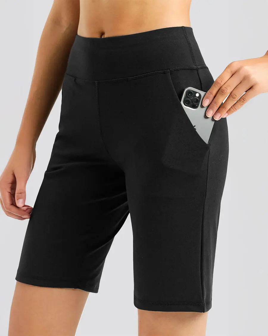 Women's Bermuda Shorts in a 4-Way Stretch Cotton Mix, 10" High Waisted Athletic Wear with Side Pockets, Four-Way Stretch