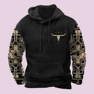 Men's Aztec Hoodie Western Cowboy Hooded Sweatshirt Warm Loose Casual Long Sleeve Drawstring with Pockets Menswear Animal