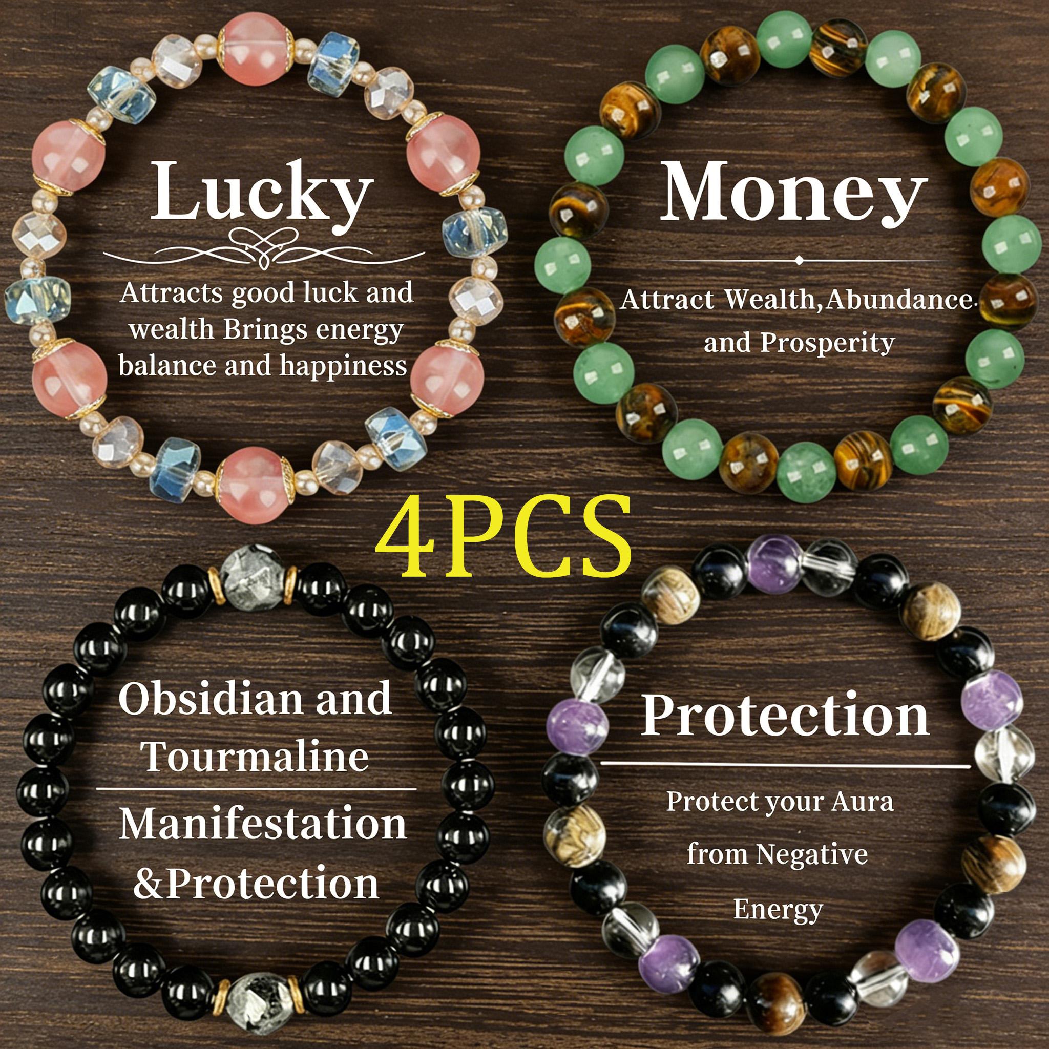 4Pcs Exquisite Boho Crystal Beaded Bracelets - Obsidian, Black Tourmaline & Tiger Eye for Money Attraction, Elegant Elastic Stacking Jewelry for Party Daily Wear, Good Luck Gift for Women Men Couples, Ideal Gift for Mom's Day, Father's Day