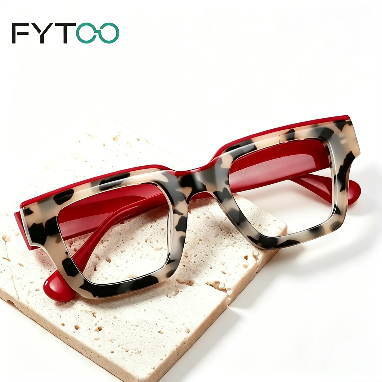 FYTOO Unisex Square Glasses Frame, Tortoise & Red Lined Acetate Eyewear for Formal Business and Casual Street Looks, Perfect Gift, All-Day, Dating, Detachable, Eyeglasses Frames, Square Eyed Glasses, Solid Acetate, Light Luxury, Resin Lenses, Business/Cas