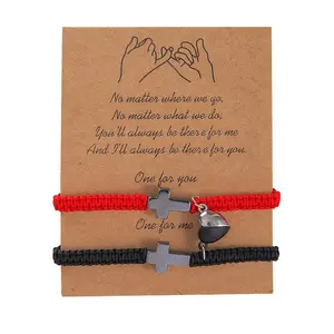 Matching Heart Cross Couple Bracelets, Handmade Braided Adjustable Rope Set, Christian Faith Jewelry for Christmas Valentines Gift