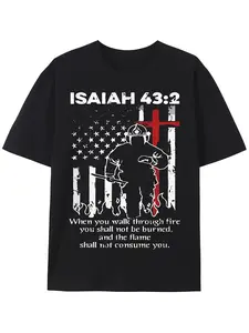 1pc Men's 100% Cotton Firefighter Tribute Graphic Tee - Isaiah 43 2 Print, American Flag Design, Lightweight & Breathable Casual Round Neck Short Sleeve T-Shirt for Spring Summer, Perfect Holiday, Round Neck Short Sleeves, Machine Washable