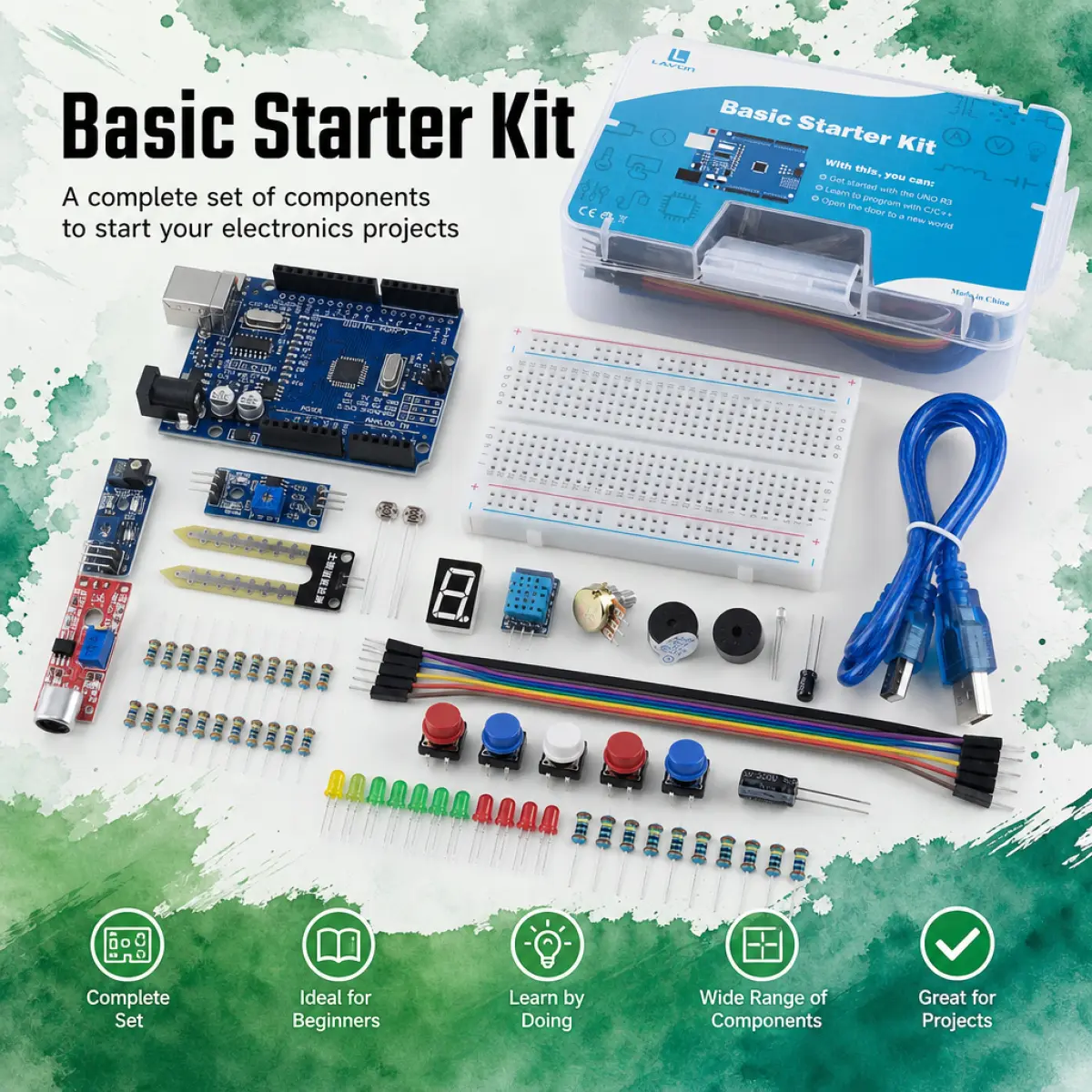 LAFVIN STEM Starter Kit for Arduino UNO R3, 30+ Electronics Components & Sensors with Tutorial, Learn C/C++ Programming, LED, Servo, DHT11, Soil Sensor – Ideal for Beginners, Students, Hobbyists