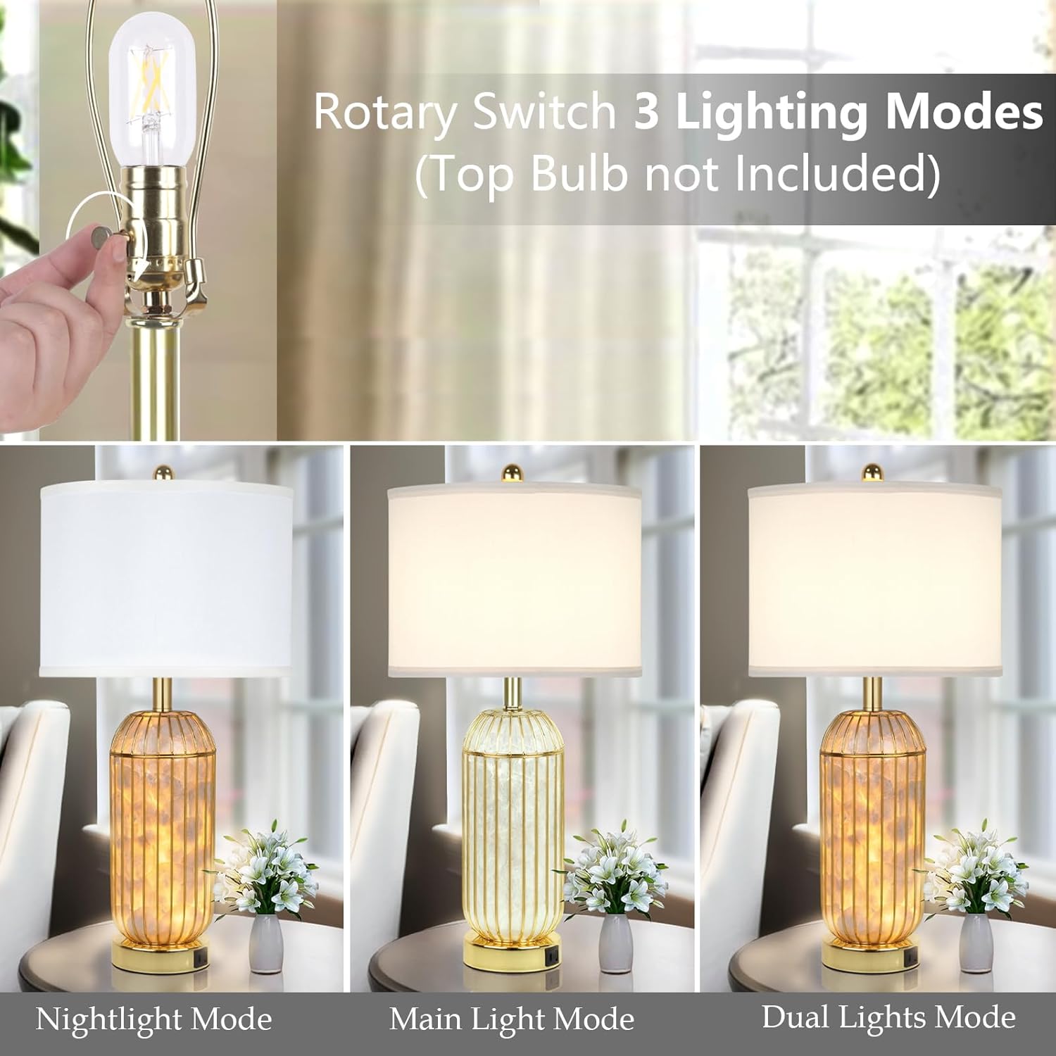 26" Plating Nightstand Lamp with USB C+A Ports, 2 Packs Set Gold Table Lamps, Capiz Shell Bedside Lamps with LED Nightlight, Tall Modern Side Table Lamps with White Lampshade for Bedroom and Living Room