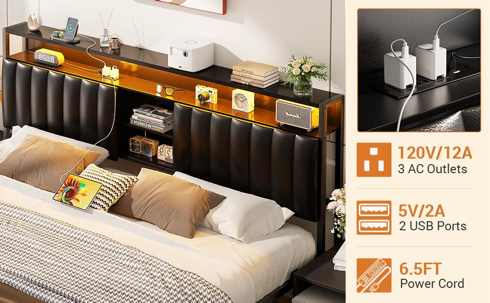 Aheaplus Bed Frame with Charging Station & Led Lights, Platform Bed with Leather Upholstered Headboard and Storage, Metal Slats Support No Box Spring Needed, Noise-Free Easy Assembly, King Size,Queen Size and Full Size to Choose