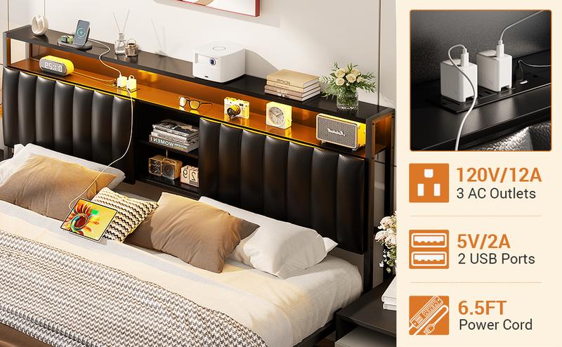 Aheaplus Bed Frame with Charging Station & Led Lights, Platform Bed with Leather Upholstered Headboard and Storage, Metal Slats Support No Box Spring Needed, Noise-Free Easy Assembly, King Size,Queen Size and Full Size to Choose