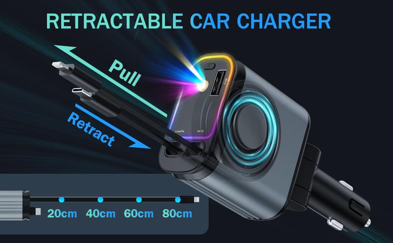 Car Charger with Starlight, 4 in 1 Retractable 66W USB C Car Charger with 2 USB Ports, Fast Car Charger Compatible with  iPhone 16 and Android